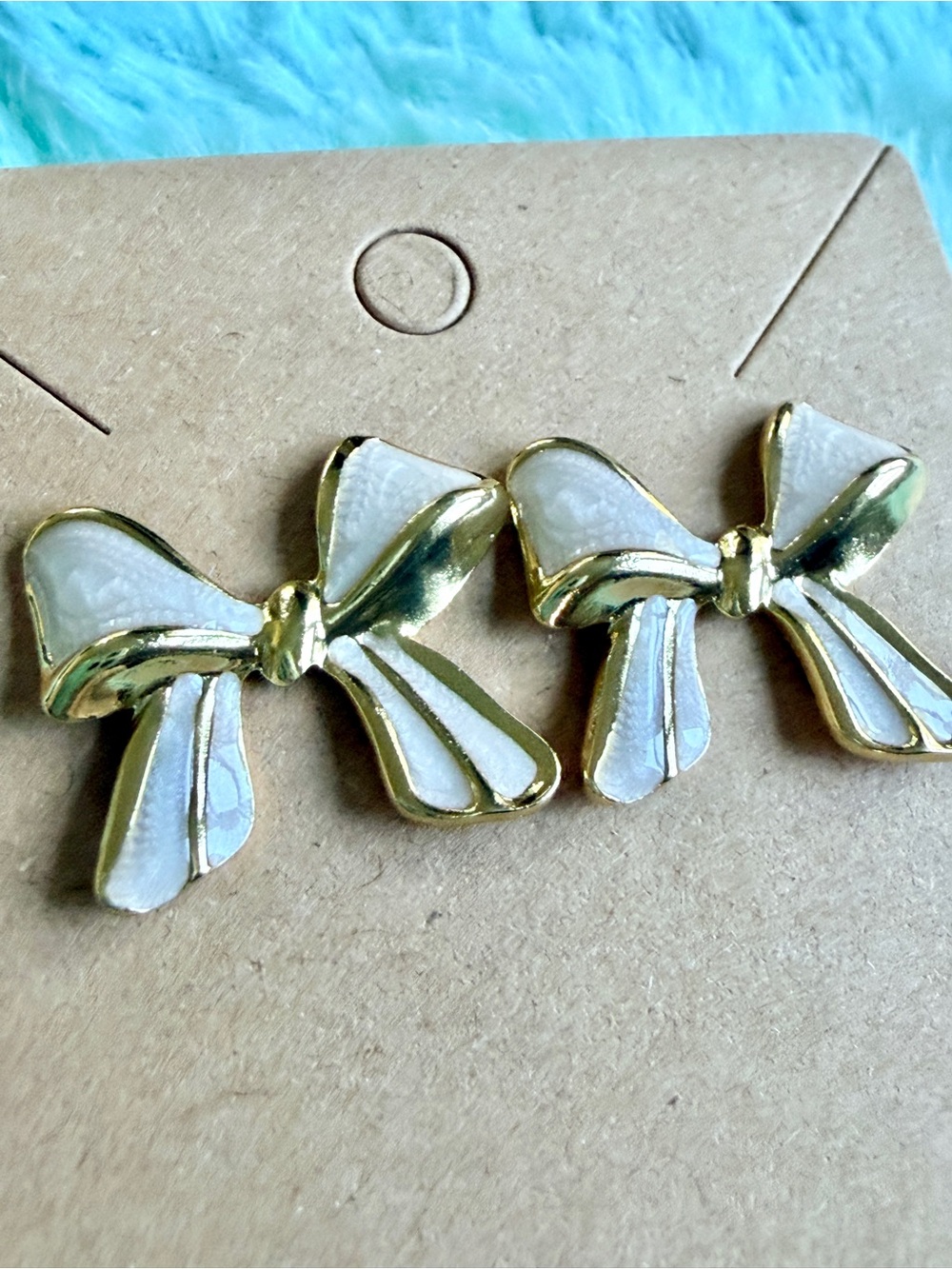 Gold and White Bow Stud Earrings New